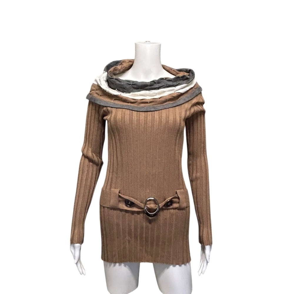 IDO La Vie Brown Gray Ribbed Tunic Top Size M